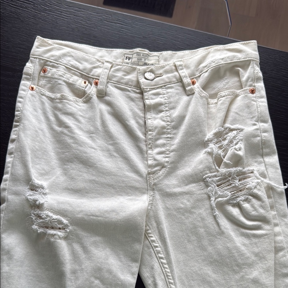 Free People cream distressed high waisted cropped jeans